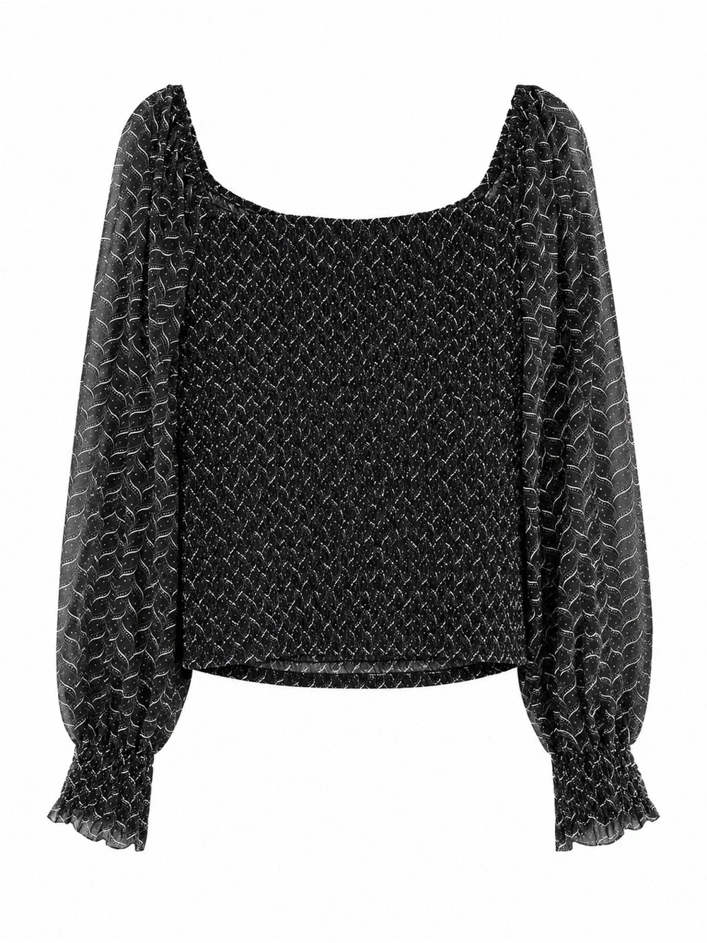 Anthropologie Black Smocked Square-Neck Long Sleeve Blouse